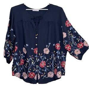 Ana & Rose Button Front Top Size 3X Dark‎ Blue Embroidered Floral Round Tie Neck